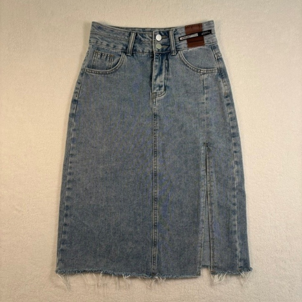 TwelveSquare Denim Midi Skirt Light Wash Raw Hem Front Slit High Waist Size S